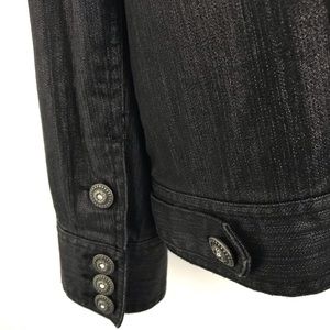 CHICO’S Black Charcoal Jean Jacket Size 3 or (XL) with stretch and shimmer!